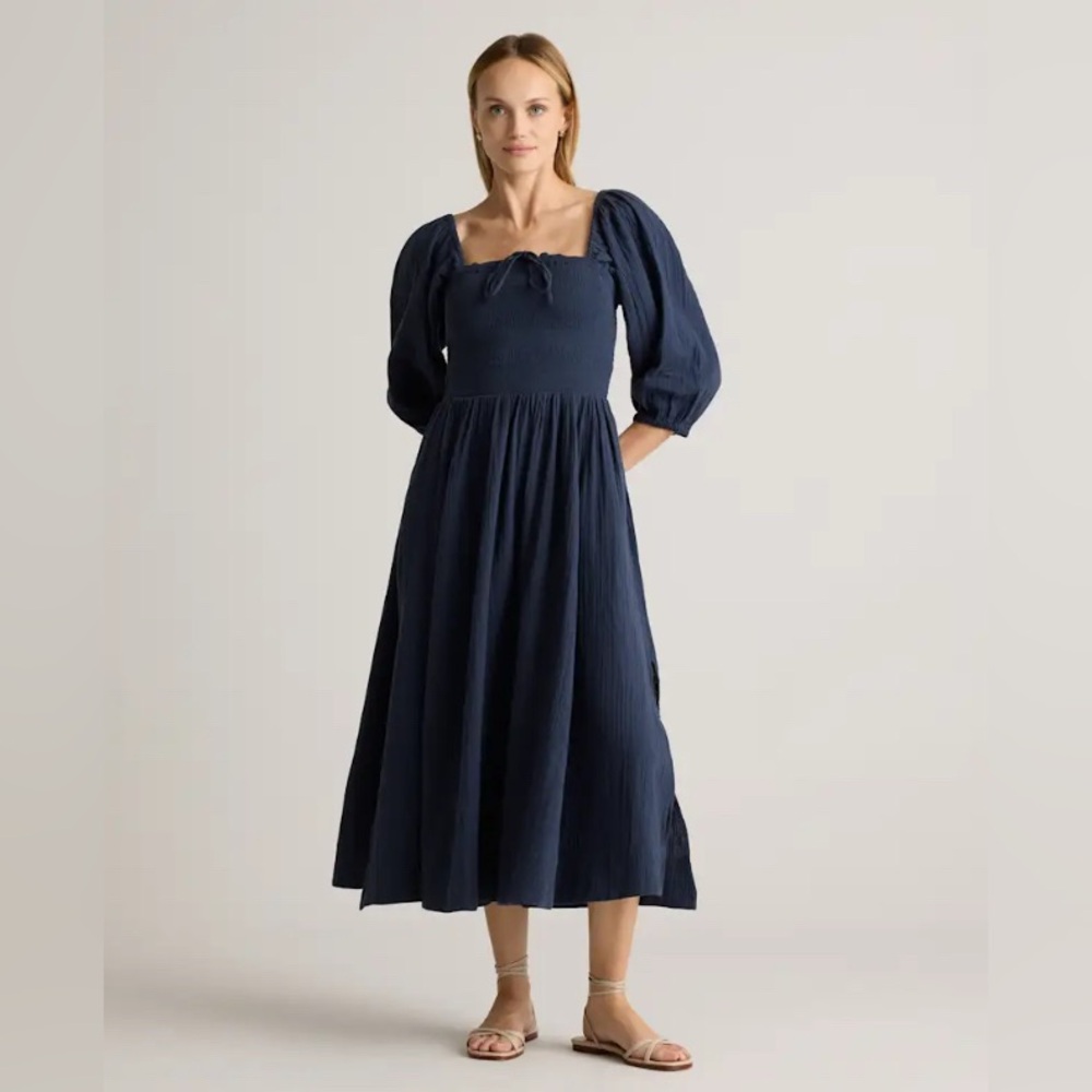 NWT Quince 100% Organic Cotton Gauze Smocked Square Neck Midi Dress, XS, Blue